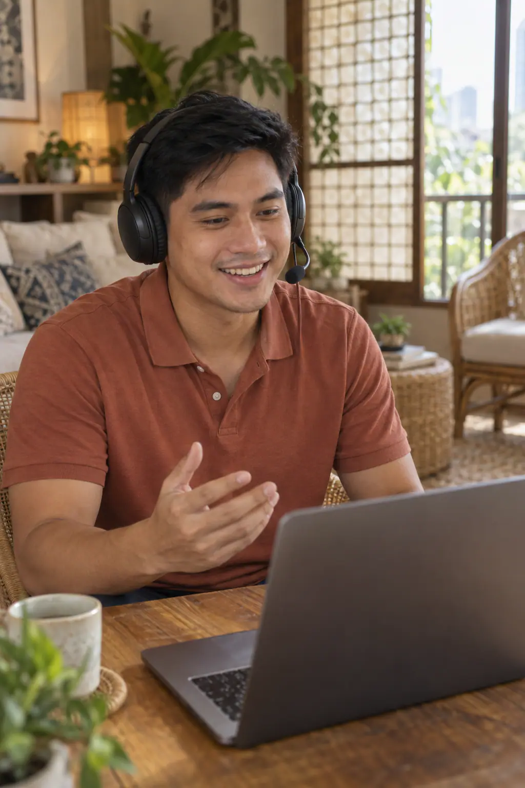 A young Filipino professional in a headset smiles and gestures on a video call from his condo living room with rattan furniture and capiz-shell windows