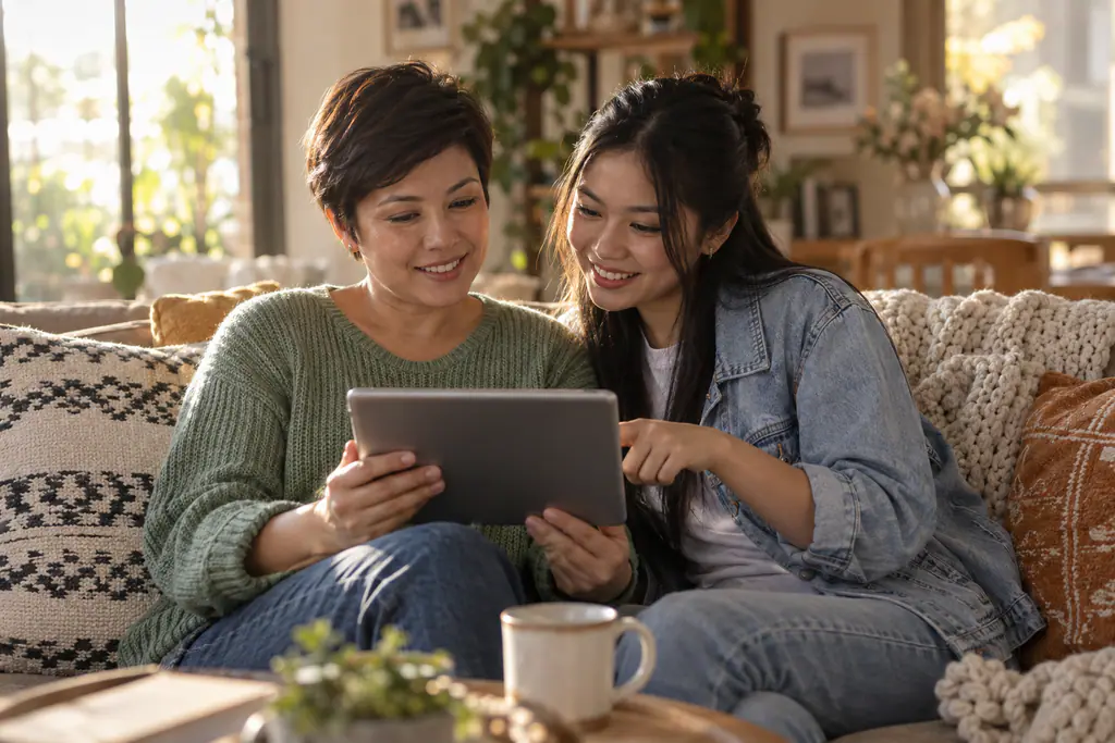 Two Filipina colleagues on a cozy sofa review work on a tablet together, one pointing at the screen, in warm afternoon light