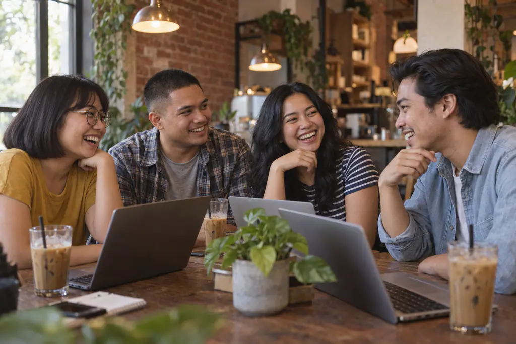 Four Filipino colleagues laugh together around a wooden table with laptops and iced coffees in a cozy brick-walled coffee shop