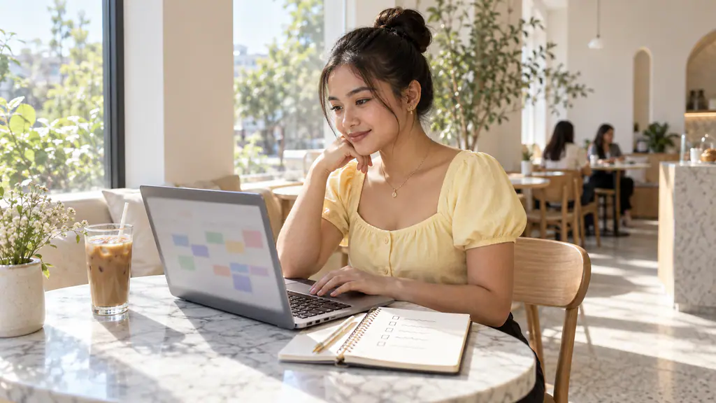 A Filipina virtual assistant plans a color-coded calendar on her laptop at a marble table with an iced coffee and a checklist notebook in a sunlit coffee shop