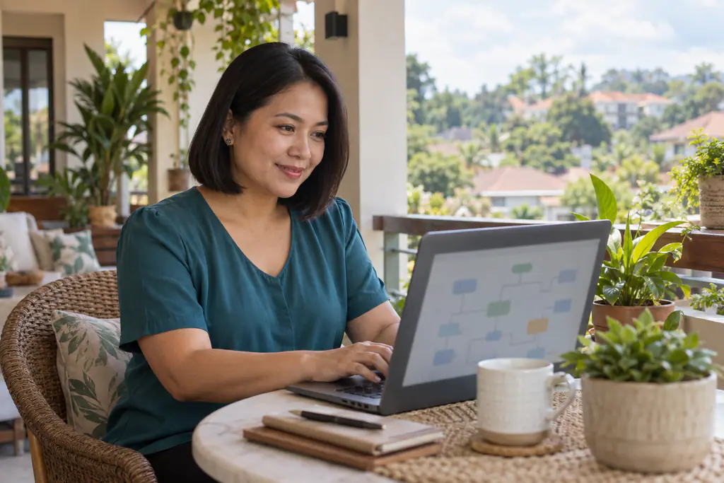 A Filipina automation specialist builds a workflow flowchart on her laptop at a table on a plant-filled covered balcony