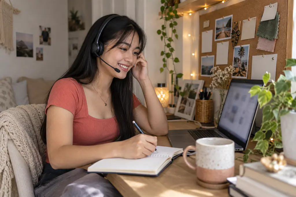 A Filipina outbound caller in a headset smiles mid-call while taking notes at a cozy home desk nook with a corkboard and fairy lights
