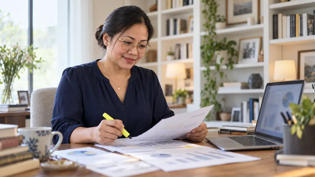 A Filipina credit advisor in glasses highlights printed credit reports at her desk in a bright home study lined with bookshelves