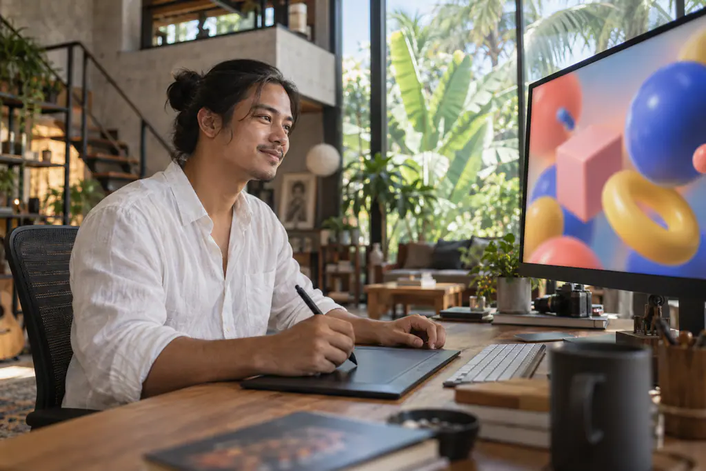 A Filipino motion designer uses a pen tablet to animate colorful 3D shapes on a large monitor in a loft home office overlooking tropical greenery