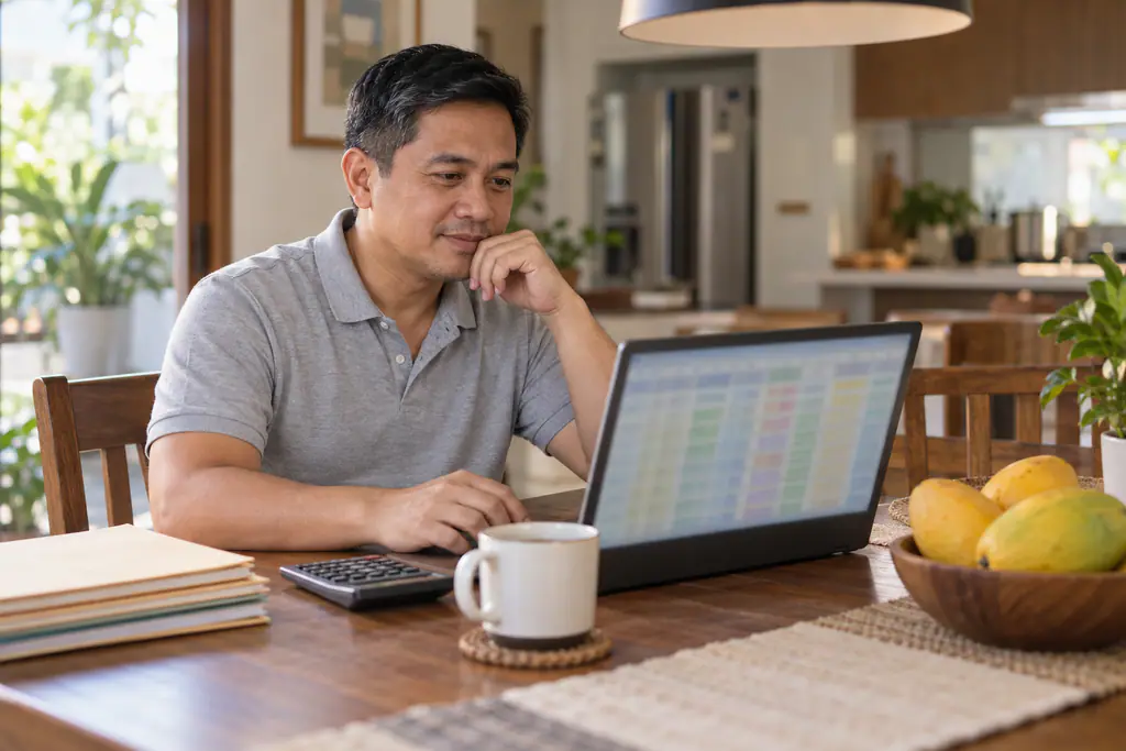 A Filipino payroll specialist reviews color-coded spreadsheets on his laptop at a wooden dining table with a calculator, folders and a bowl of mangoes