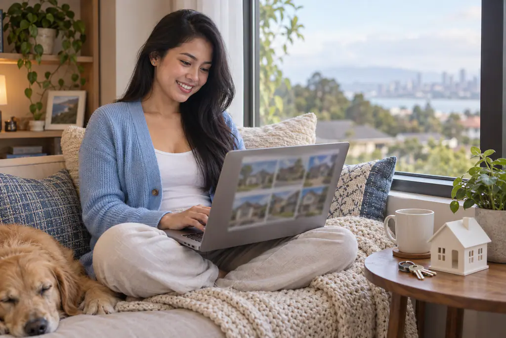 A Filipina real estate assistant browses house listings on her laptop in a cushioned window nook, with house keys and a small white house model on the side table