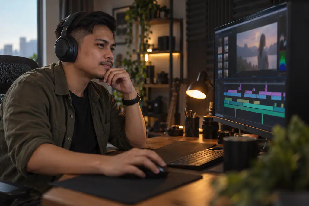 A Filipino video editor wearing headphones reviews a colorful editing timeline on a large monitor in a dim home studio with acoustic panels and warm lamps