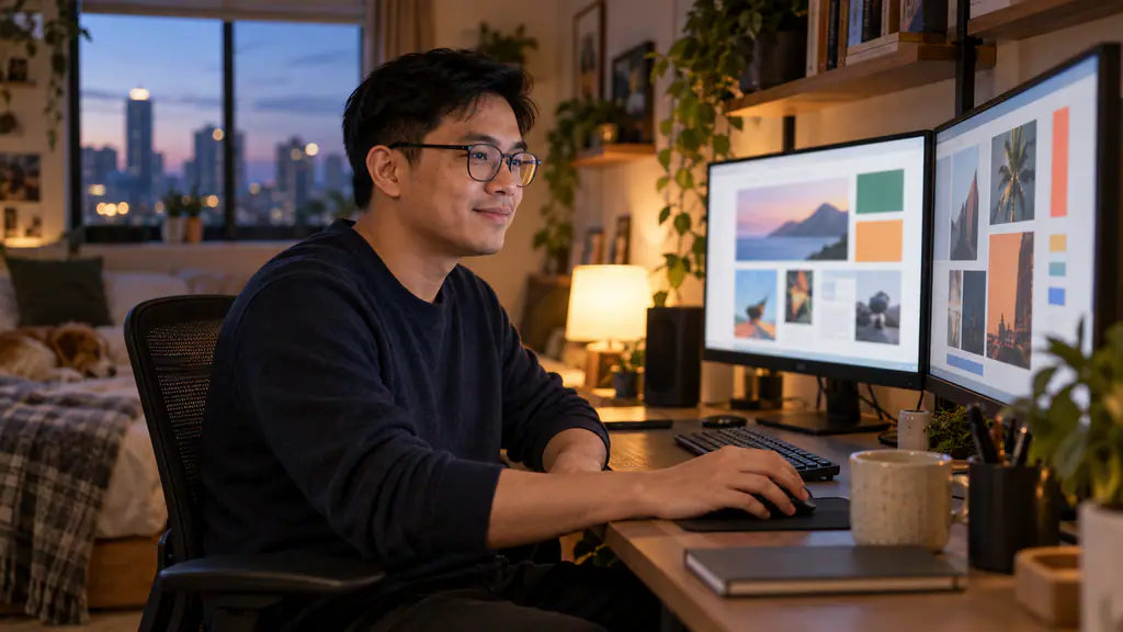 A Filipino web developer in glasses works on website layouts across two monitors at his bedroom-corner desk, lit by a warm lamp at dusk